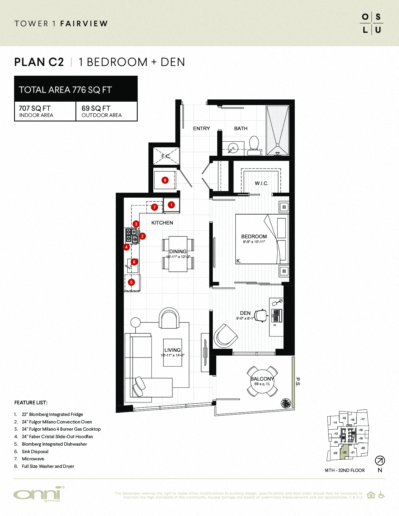Floor plan for 1 bed, 1 bath, 707 sqft